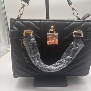 Bebe Black Quilted Shoulder Bag with Gold Accents